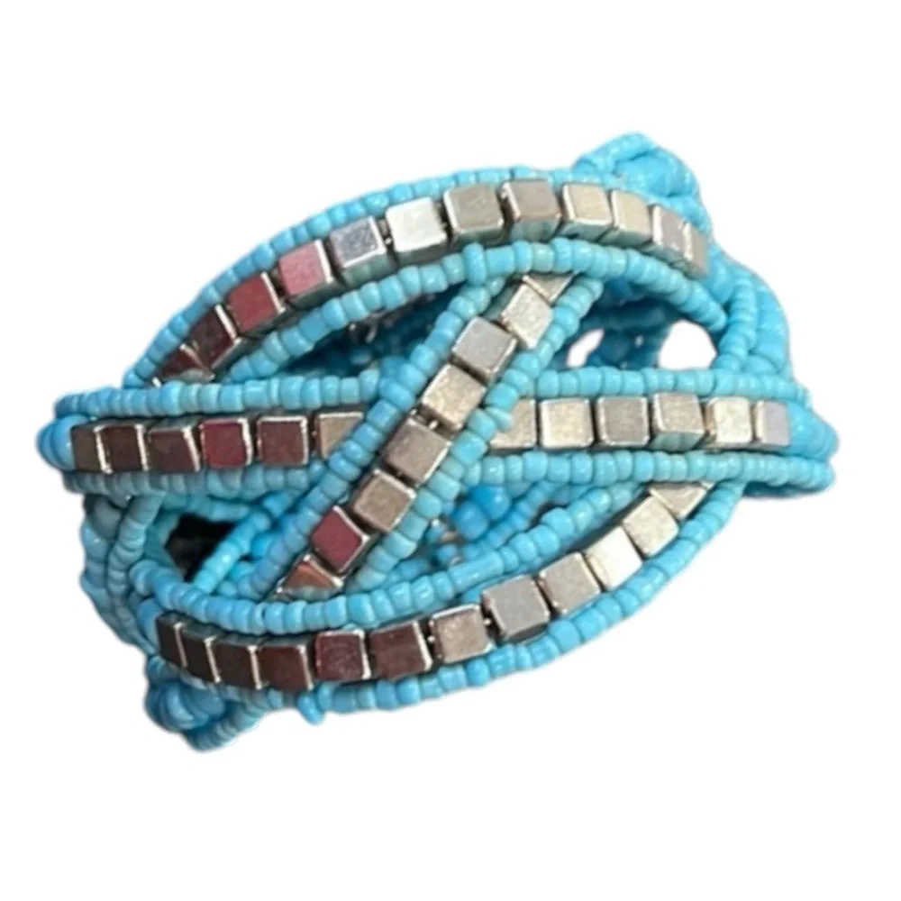 Beaded Silver and Blue Cuff Bracelet